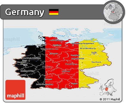 Flag Panoramic Map of Germany, single color outside, bathymetry sea, shaded relief sea, flag aligned to the middle
