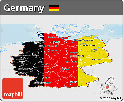 Flag Panoramic Map of Germany, single color outside, bathymetry sea, shaded relief sea, flag aligned to the middle
