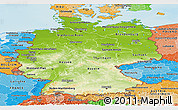 Physical Panoramic Map of Germany, political shades outside, shaded relief sea