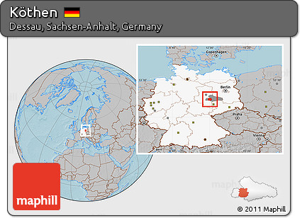 Gray Location Map of Köthen, highlighted country, highlighted parent region, hill shading