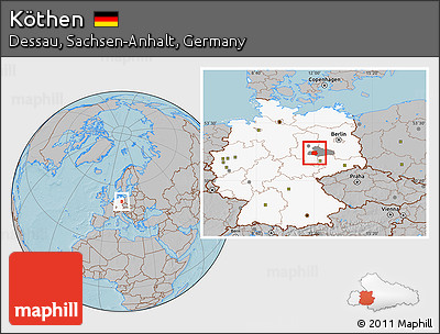 Gray Location Map of Köthen, highlighted country, highlighted parent region, hill shading