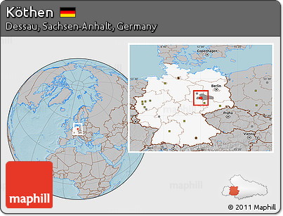 Gray Location Map of Köthen, highlighted country, highlighted parent region, hill shading