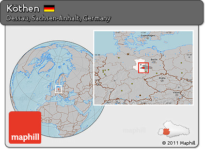Gray Location Map of Köthen, highlighted parent region, highlighted grandparent region, hill shading
