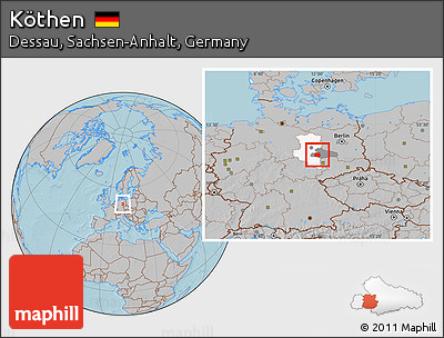 Gray Location Map of Köthen, highlighted parent region, highlighted grandparent region, hill shading