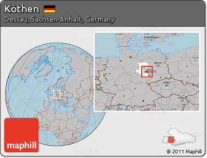 Gray Location Map of Köthen, highlighted parent region, highlighted grandparent region, hill shading