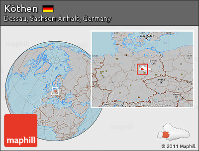 Gray Location Map of Köthen, highlighted parent region, hill shading