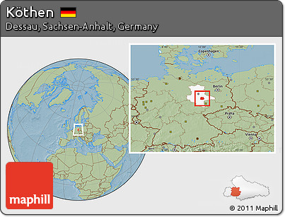 Savanna Style Location Map of Köthen, highlighted grandparent region, hill shading