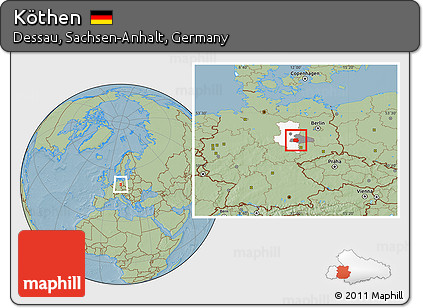 Savanna Style Location Map of Köthen, highlighted parent region, highlighted grandparent region, hill shading