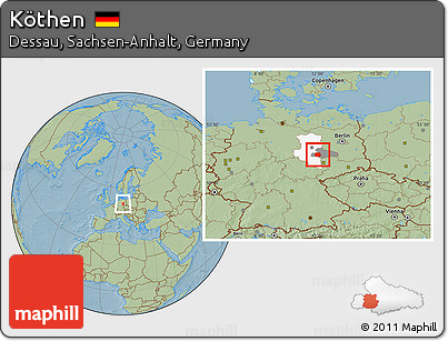 Savanna Style Location Map of Köthen, highlighted parent region, highlighted grandparent region, hill shading