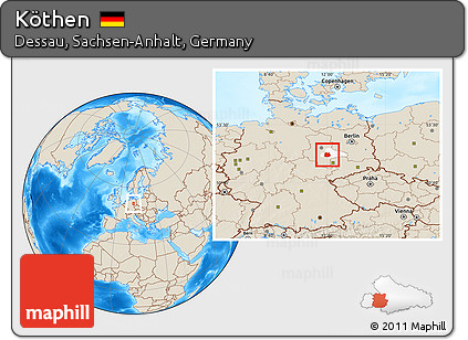 Shaded Relief Location Map of Köthen, highlighted parent region