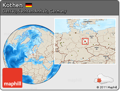 Shaded Relief Location Map of Köthen, highlighted parent region