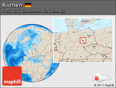 Shaded Relief Location Map of Köthen, highlighted parent region