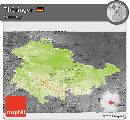Physical 3D Map of Thüringen, darken, desaturated