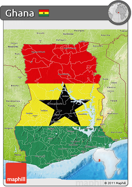 Flag 3D Map of Ghana, physical outside, bathymetry sea, flag centered