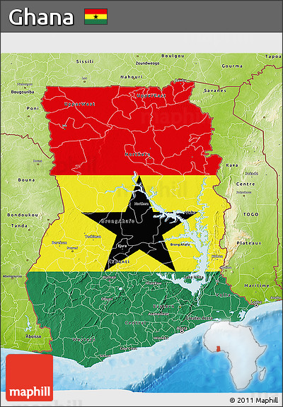 Flag 3D Map of Ghana, physical outside, bathymetry sea, flag centered
