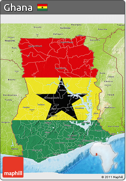 Flag 3D Map of Ghana, physical outside, bathymetry sea, flag centered