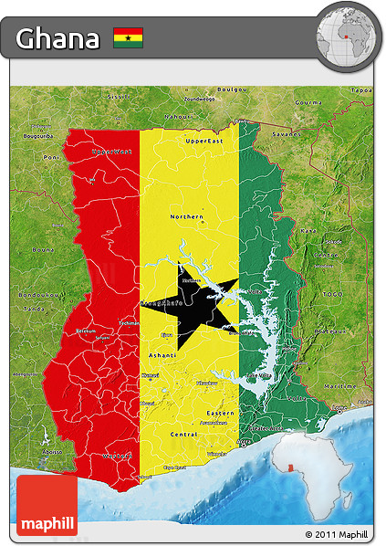 Flag 3D Map of Ghana, satellite outside, bathymetry sea, flag aligned to the middle