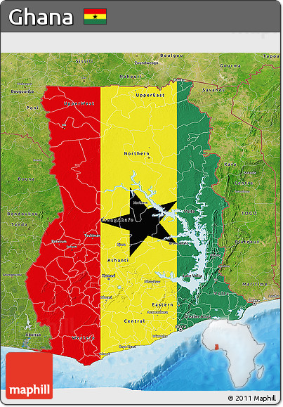 Flag 3D Map of Ghana, satellite outside, bathymetry sea, flag aligned to the middle