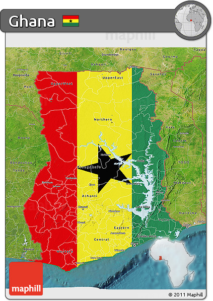 Flag 3D Map of Ghana, satellite outside, flag aligned to the middle