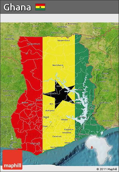 Flag 3D Map of Ghana, satellite outside, flag aligned to the middle