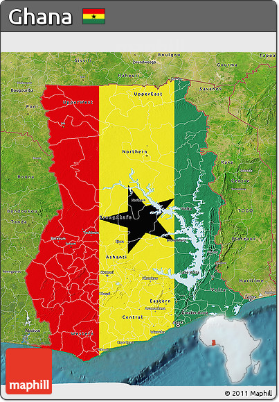 Flag 3D Map of Ghana, satellite outside, flag aligned to the middle