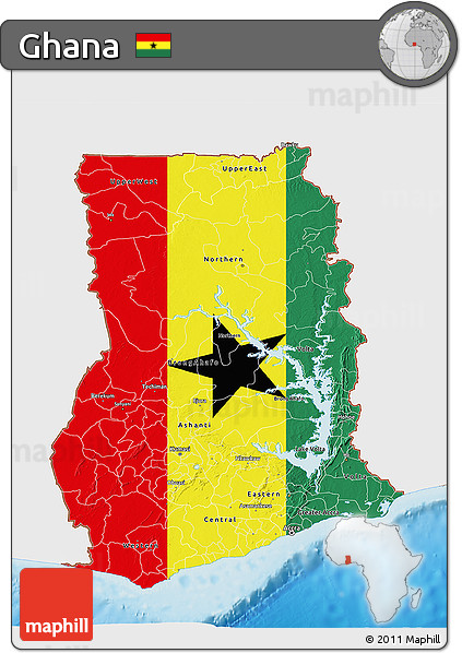 Flag 3D Map of Ghana, single color outside, shaded relief sea, flag rotated