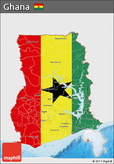 Flag 3D Map of Ghana, single color outside, shaded relief sea, flag rotated