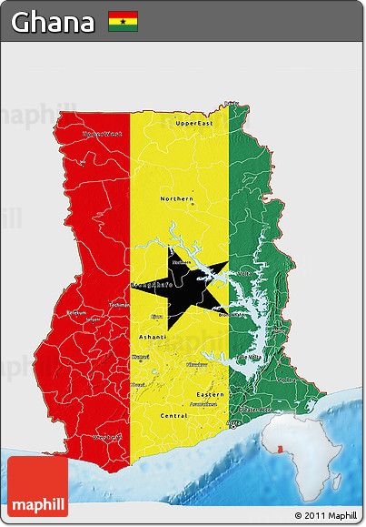 Flag 3D Map of Ghana, single color outside, shaded relief sea, flag rotated