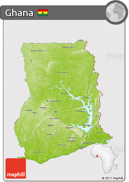 Physical 3D Map of Ghana, cropped outside
