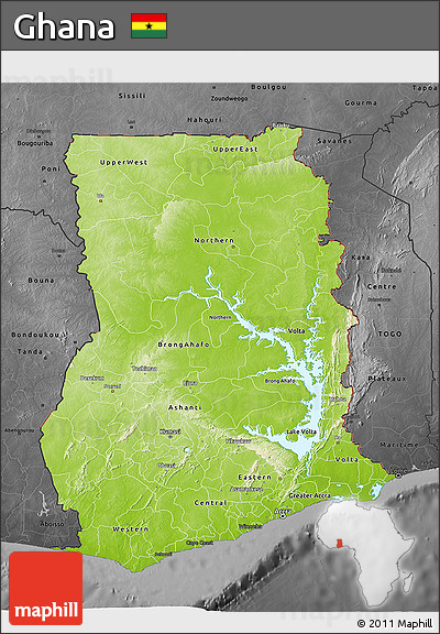 Physical 3D Map of Ghana, darken, desaturated