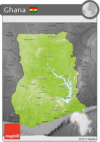Physical 3D Map of Ghana, darken, desaturated