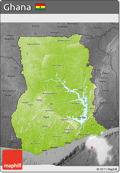 Physical 3D Map of Ghana, darken, desaturated