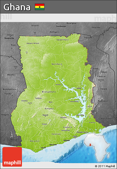 Physical 3D Map of Ghana, darken, desaturated, land only