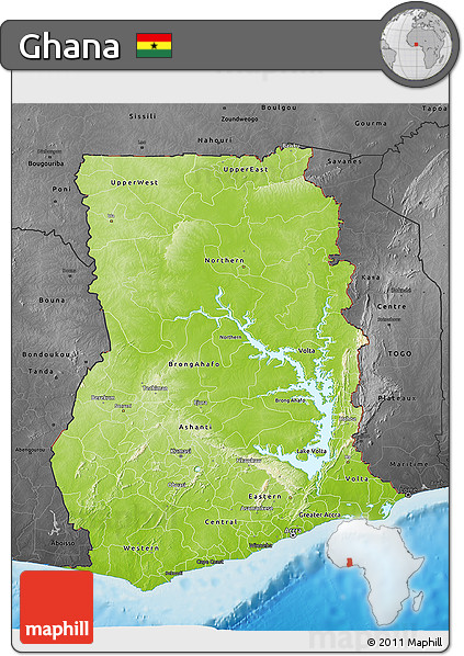 Physical 3D Map of Ghana, darken, desaturated, land only