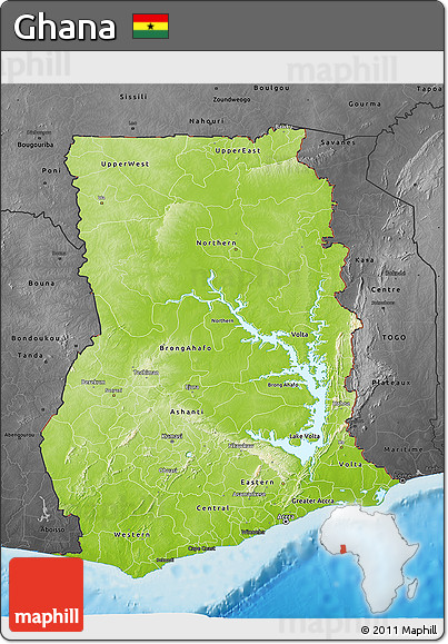 Physical 3D Map of Ghana, darken, desaturated, land only