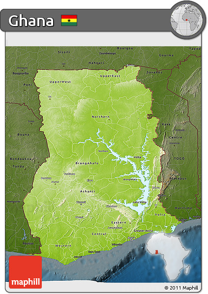 Physical 3D Map of Ghana, darken