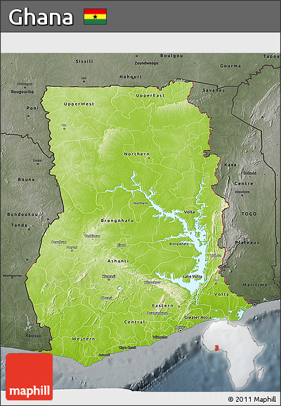 Physical 3D Map of Ghana, darken, semi-desaturated