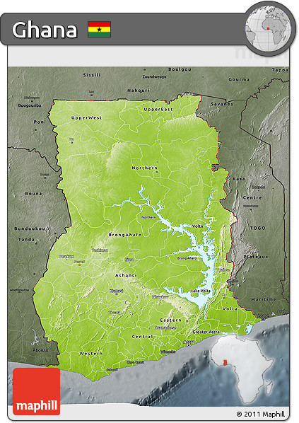 Physical 3D Map of Ghana, darken, semi-desaturated