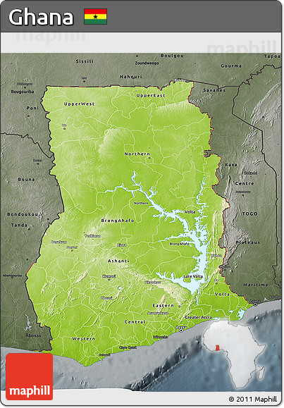 Physical 3D Map of Ghana, darken, semi-desaturated