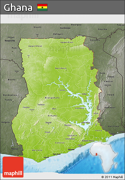 Physical 3D Map of Ghana, darken, semi-desaturated, land only