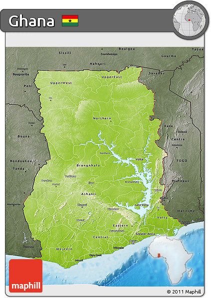 Physical 3D Map of Ghana, darken, semi-desaturated, land only