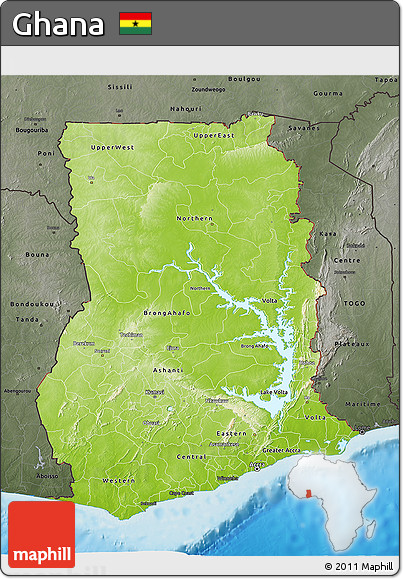 Physical 3D Map of Ghana, darken, semi-desaturated, land only