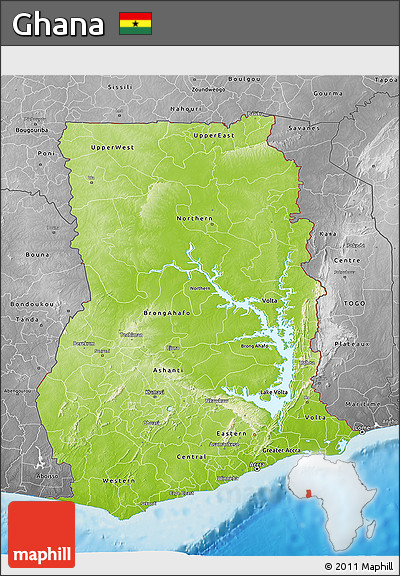 Physical 3D Map of Ghana, desaturated, land only