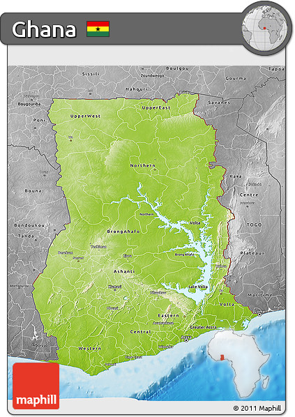 Physical 3D Map of Ghana, desaturated, land only