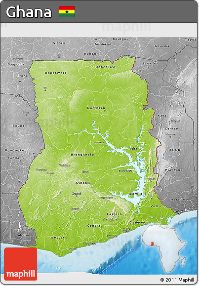 Physical 3D Map of Ghana, desaturated, land only