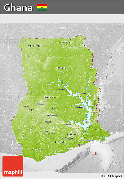 Physical 3D Map of Ghana, lighten, desaturated