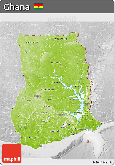 Physical 3D Map of Ghana, lighten, desaturated