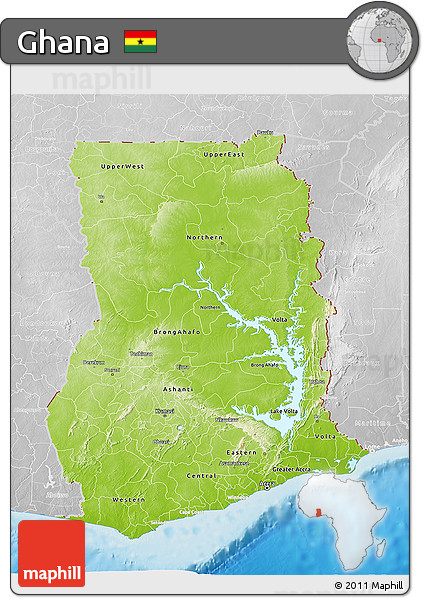 Physical 3D Map of Ghana, lighten, desaturated, land only