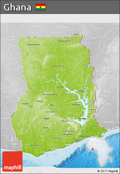 Physical 3D Map of Ghana, lighten, desaturated, land only