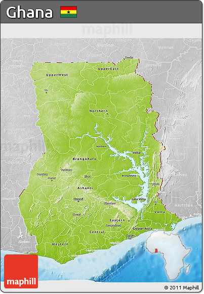 Physical 3D Map of Ghana, lighten, desaturated, land only